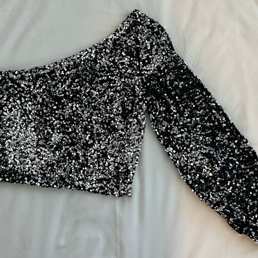 Sequin One-Shoulder Crop Top - Black and Silver